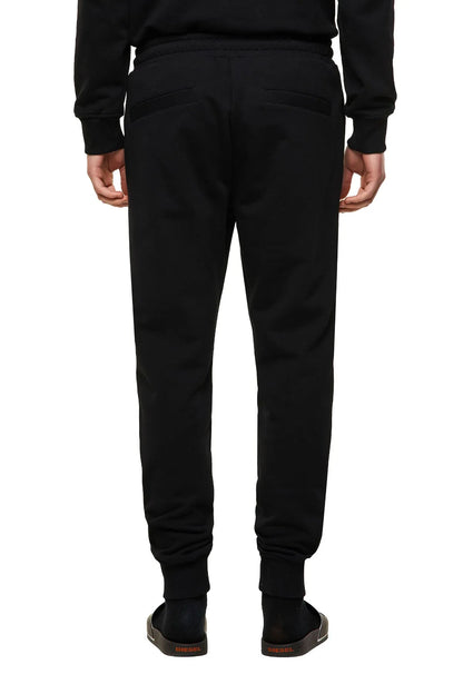 Black jogger sweatpants, back view with tapered legs and elastic cuff hems