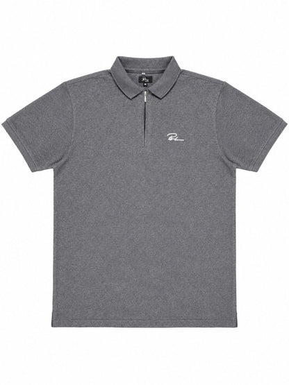 Men's charcoal polo shirt, short sleeves, point collar and chest logo