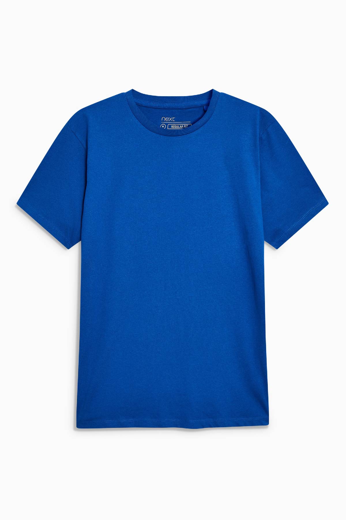 Cobalt blue crew-neck short-sleeve T-shirt, short sleeves and straight hem