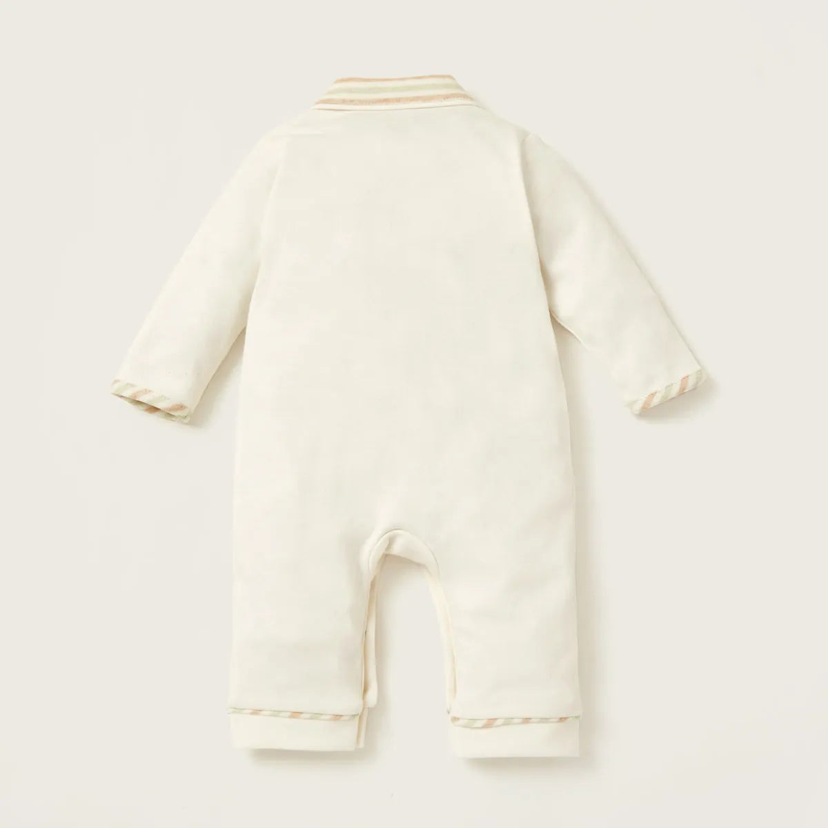 BABYSHOP baby romper back view with striped cuffs and snap button opening