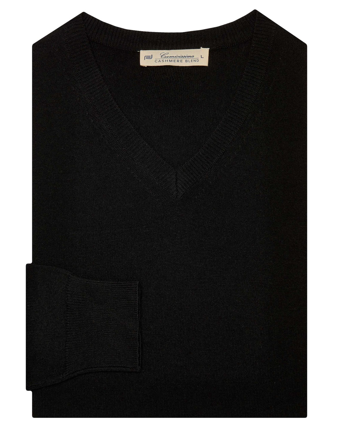 Black V-neck knit sweater, ribbed cuffs and hem
