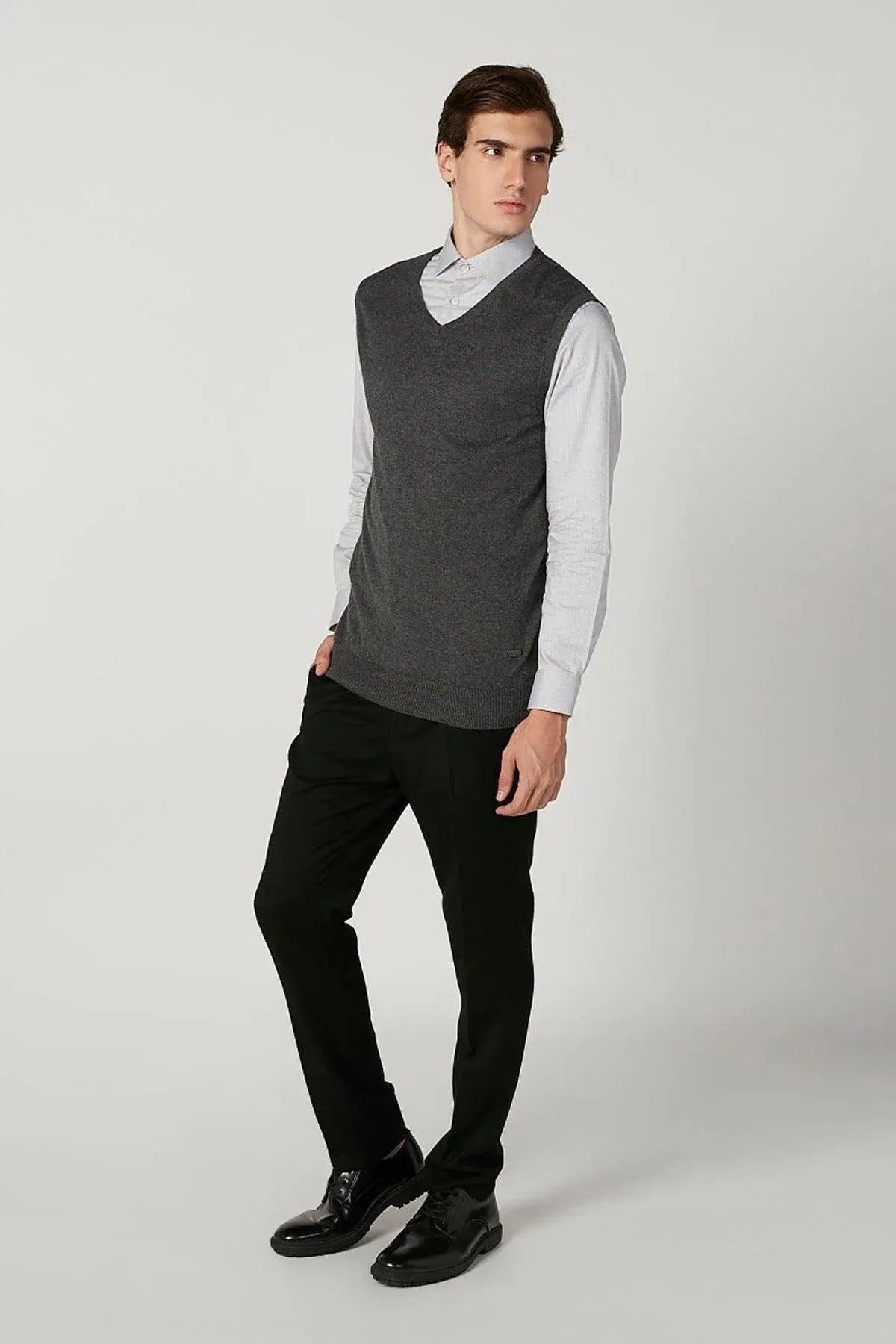 Men's grey V-neck sweater vest, sleeveless layering piece
