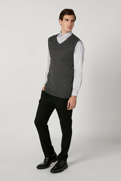 Men's grey V-neck sweater vest, sleeveless layering piece