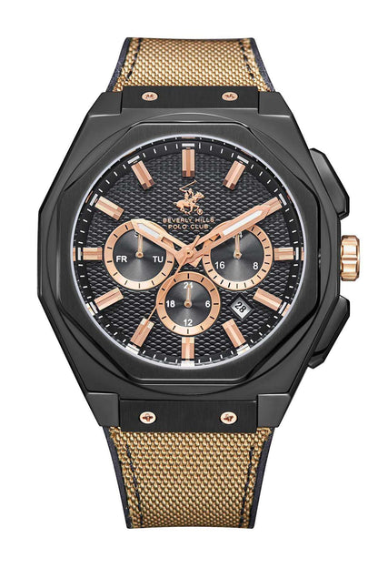 Chronograph watch with black case, black dial, rose-gold markers, and camel strap