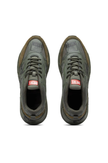 Diesel olive green lace-up sneakers, front view of both shoes with red tongue label