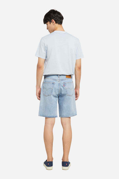 Light-wash denim shorts, back view with yoke and rear pockets, knee-length