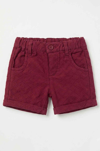 Burgundy baby shorts with elastic waistband, button fly, and side pockets