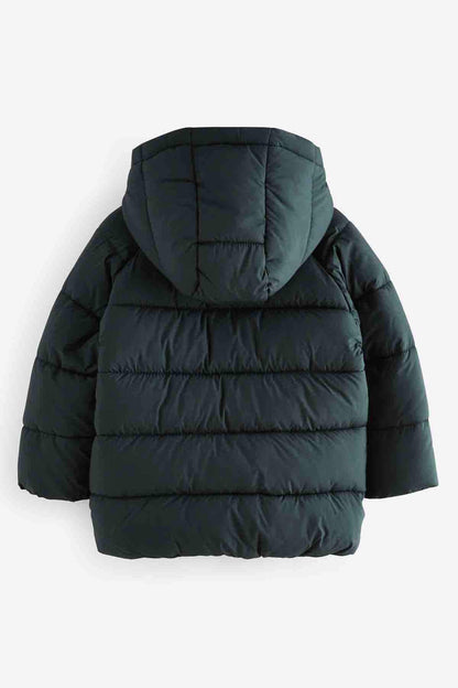 Dark green hooded puffer jacket with thick quilted padding and zip