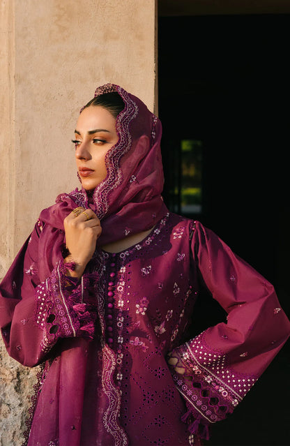 Purple embroidered dress with matching hooded headscarf and full sleeves