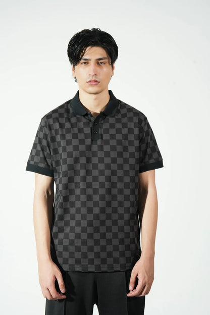Black checker-pattern polo shirt with collar, short sleeves, button-up front
