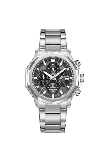 Lee Cooper silver wristwatch with black chronograph dial and metal bracelet