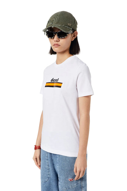 White crewneck T-shirt with logo and light blue wide-leg denim pants, olive cap