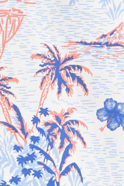 Carter's tropical print shirt fabric close-up with palm and starfish motifs on light blue