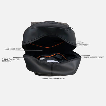 Black backpack interior layout with secure zip compartment and padded laptop slot