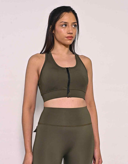 Bodybrics olive sports bra and leggings set, scoop neckline with zip front