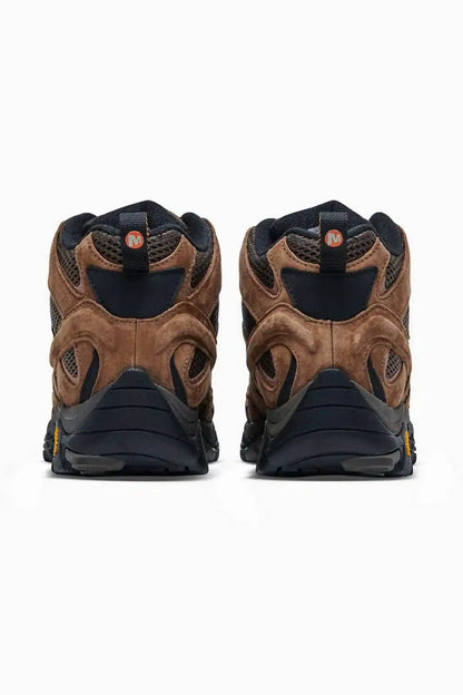 Merrell hiking shoes rear view in brown with black heel panels and lace-up