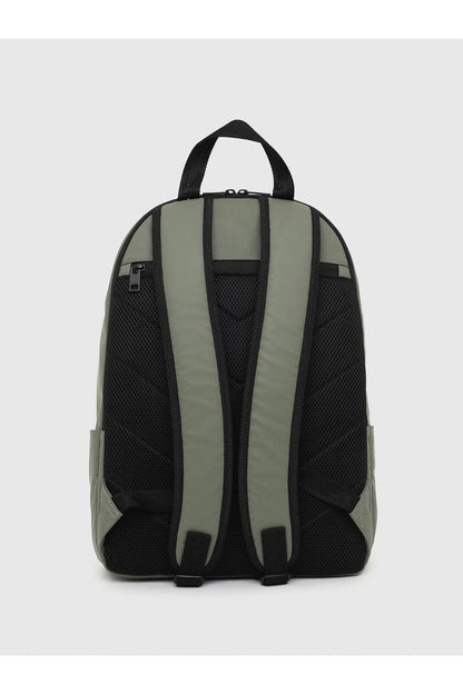 Olive green backpack with front webbing straps and center zipper