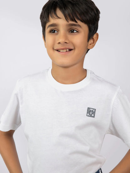 White cotton kids T-shirt, close-up of chest square logo