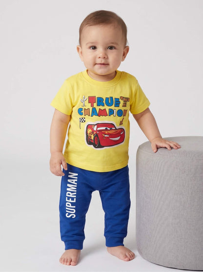 Yellow graphic T-shirt and navy jogger pants set for baby, front view
