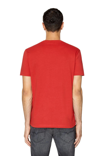 Red crewneck T-shirt, back view, short sleeves