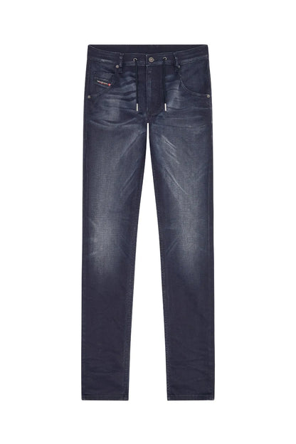 Diesel dark-blue denim jeans flat lay with front pockets and zip closure