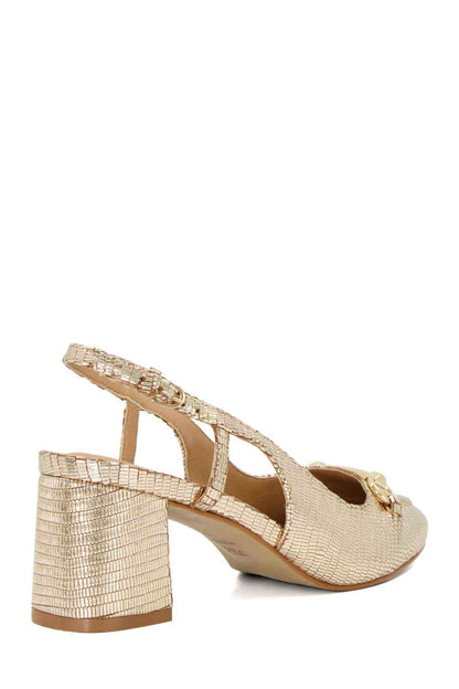 Gold textured slingback pump with square block heel and buckle strap
