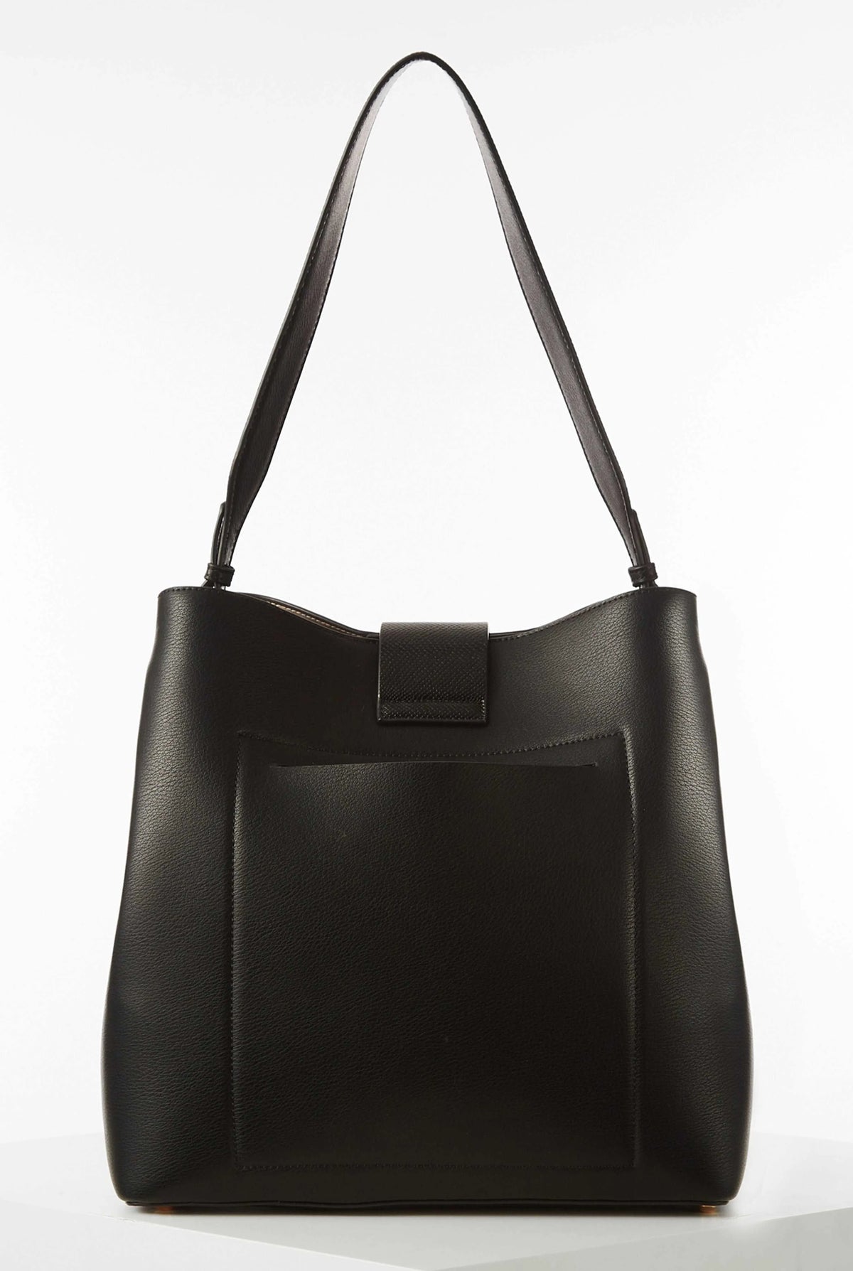 Black structured hobo shoulder bag with top handles and front pocket panel