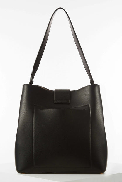 Black structured hobo shoulder bag with top handles and front pocket panel