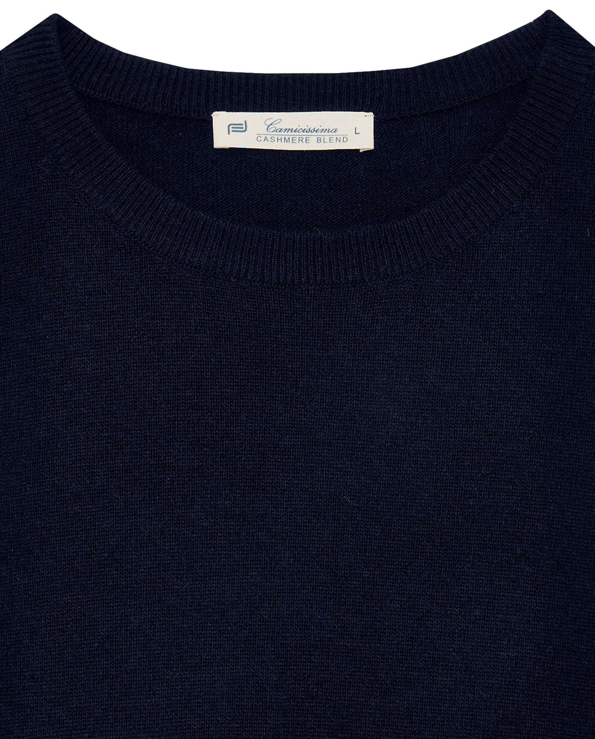 Dark blue crew-neck knit sweater with logo neckline label
