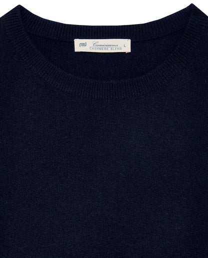 Dark blue crew-neck knit sweater with logo neckline label