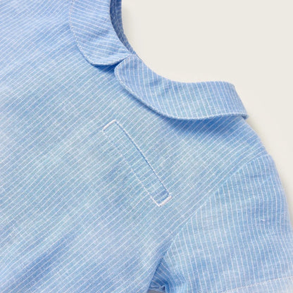 Light blue striped baby romper close-up: Peter Pan collar and chest pocket