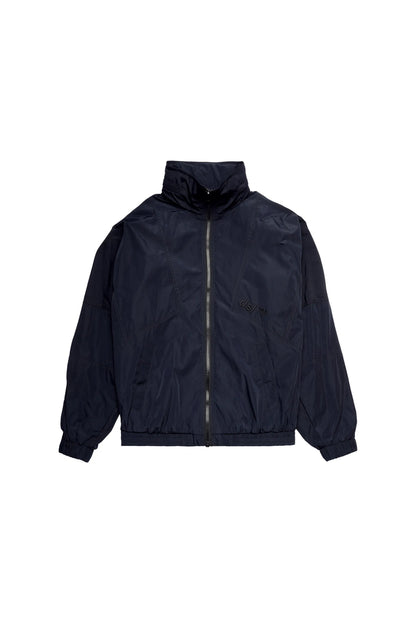 Dark blue zip-front jacket with stand collar, elastic cuffs, and full-zip closure
