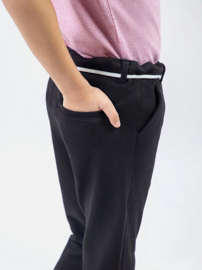 Black pants with elastic-back waistband and deep side pockets, belt loops