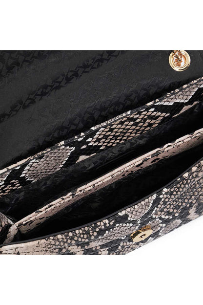 Dune London snakeskin-print clutch bag interior with black lining and gold hardware