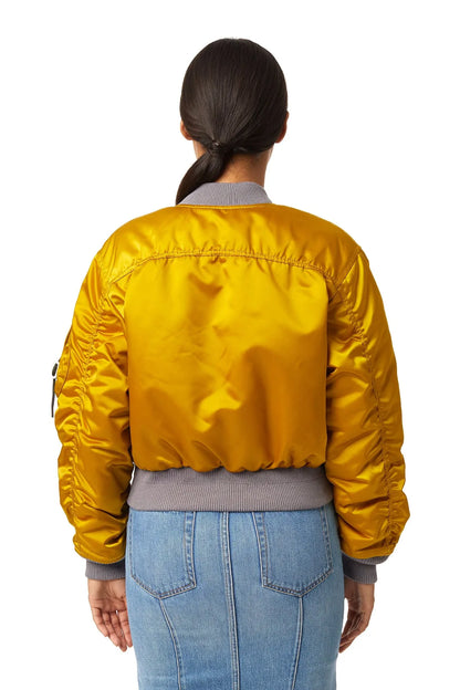 Yellow bomber jacket back view with gray ribbed hem and stand collar