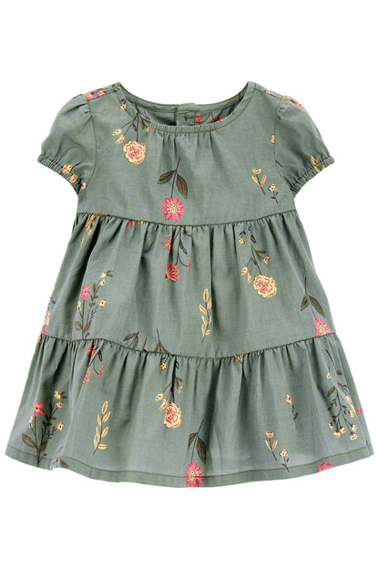 Green floral tiered baby dress with short sleeves and gathered skirt