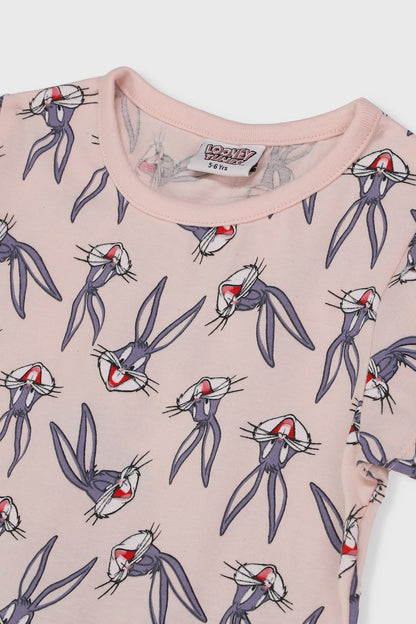 Pink short-sleeve tee with multicolor character pattern and round orange neckline