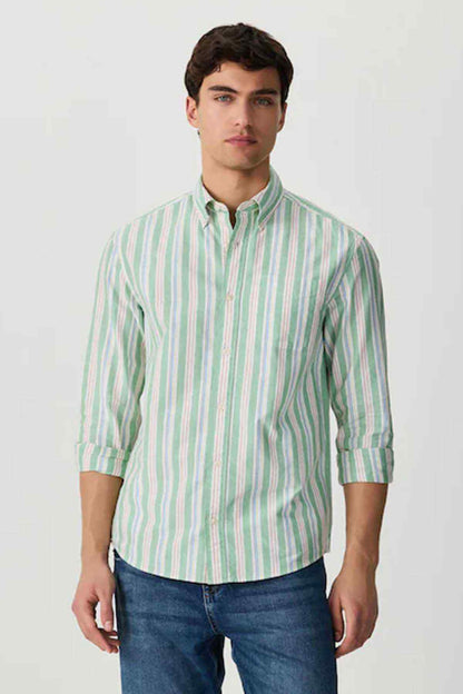 Men's green striped button-up shirt, long sleeves