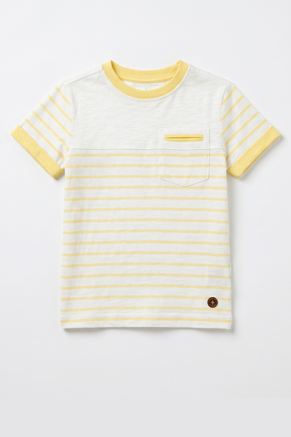 Kids yellow-trim striped T-shirt with chest pocket, crew neck