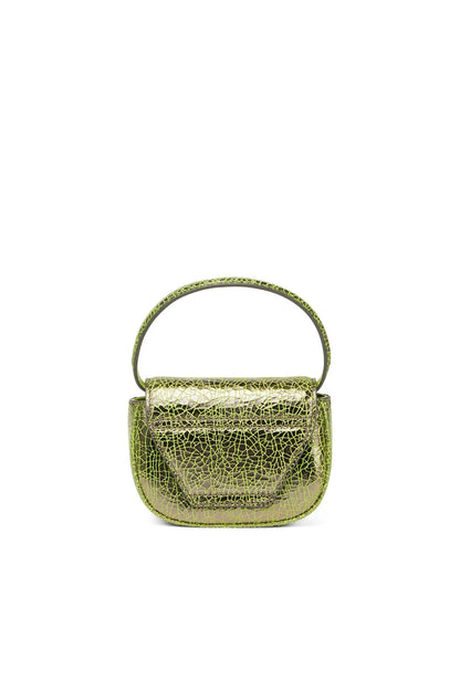Green textured mini handbag with arched top handle and front flap.