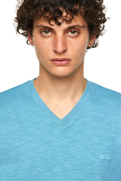Diesel men's blue V-neck T-shirt close-up, chest logo on right