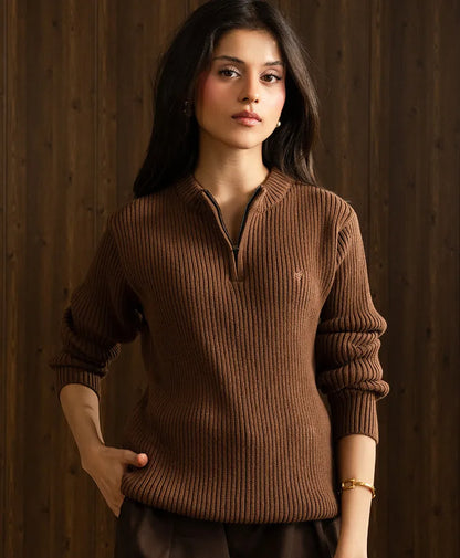 Brown ribbed quarter-zip knit top with mock neck and front zipper