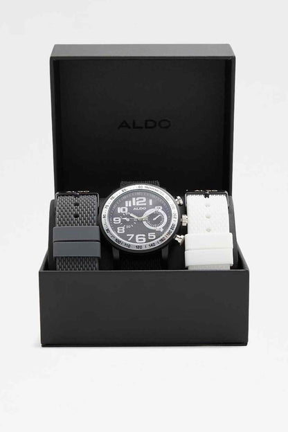 ALDO watch in black box with dark dial and gray and white replacement straps