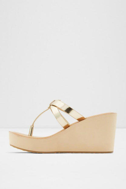 ALDO gold wedge sandals with T-strap detail and cushioned platform