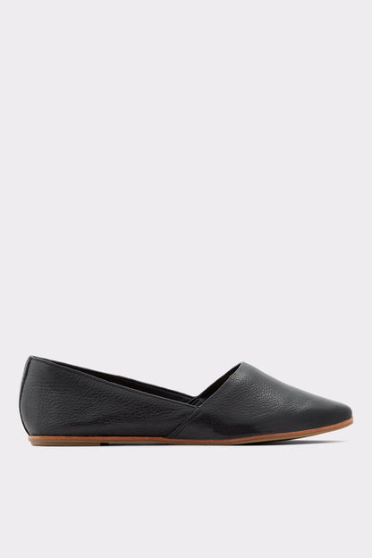 Black slip-on loafer, side view, brown rubber sole