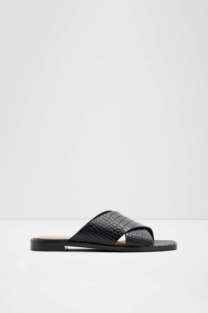 ALDO black leather slide sandals with woven-texture strap and flat sole