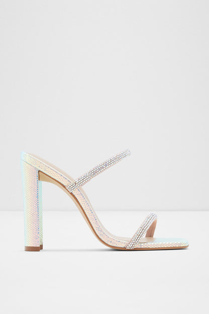 ALDO metallic multi heeled sandal with open toe, rhinestone straps, and block heel