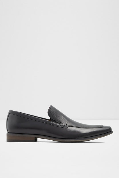 ALDO black leather slip-on loafer with low block heel and stitched vamp
