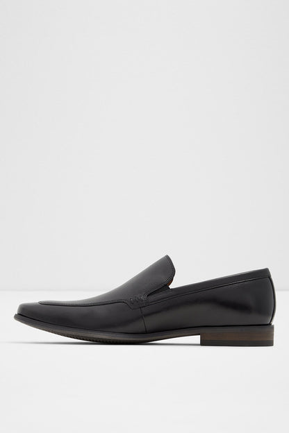 ALDO black leather slip-on loafer with low block heel, smooth profile