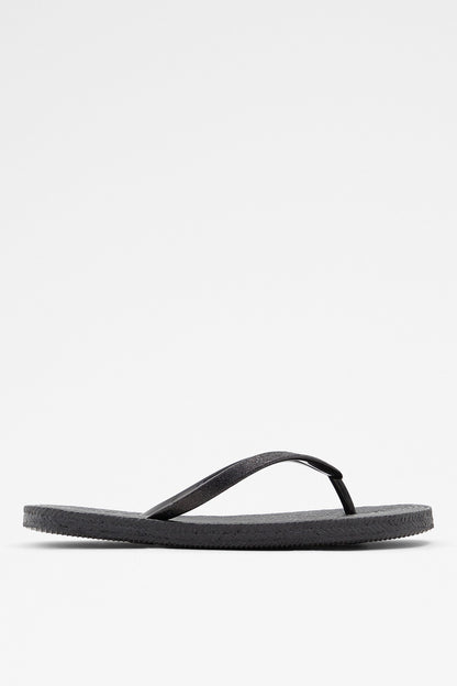 Black flip-flop sandal with wide thong strap and textured footbed